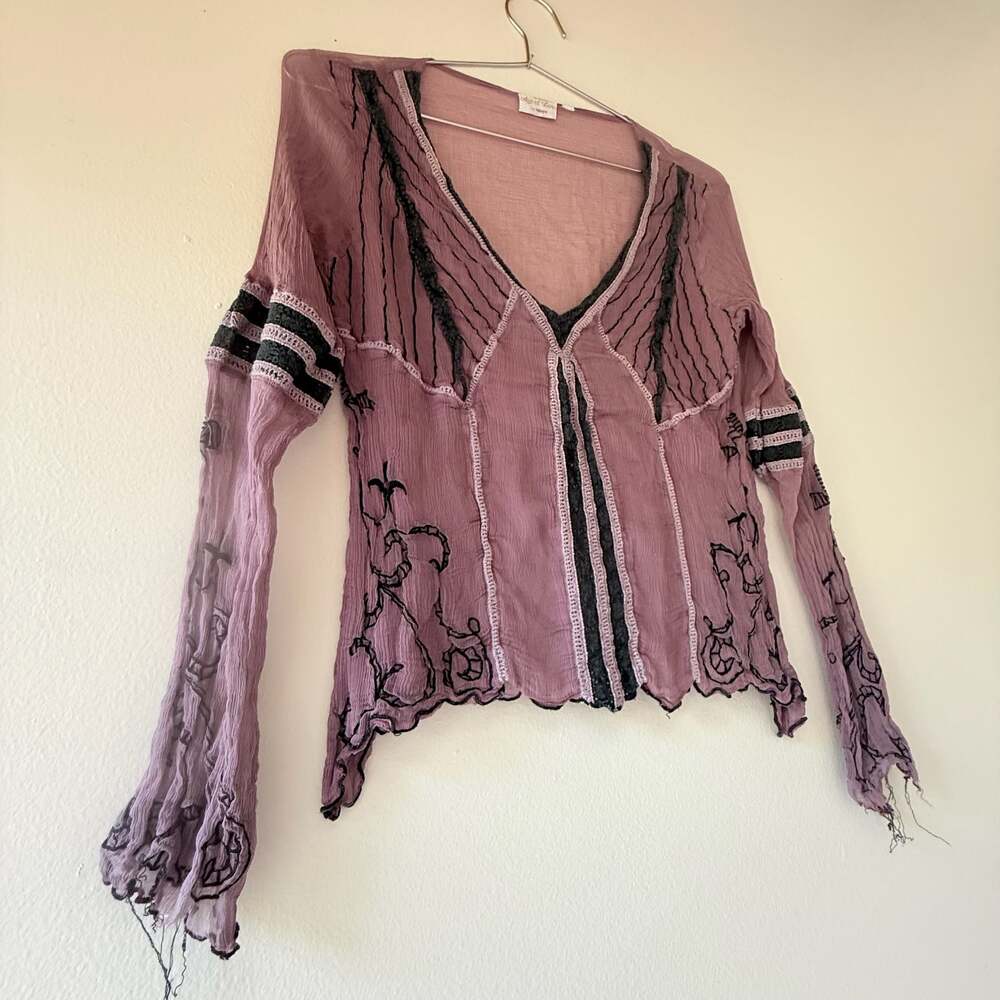 Vintage Age Mauve Sheer Crinkle Rayon Embroidered Boho Top - Picture 3 of 14